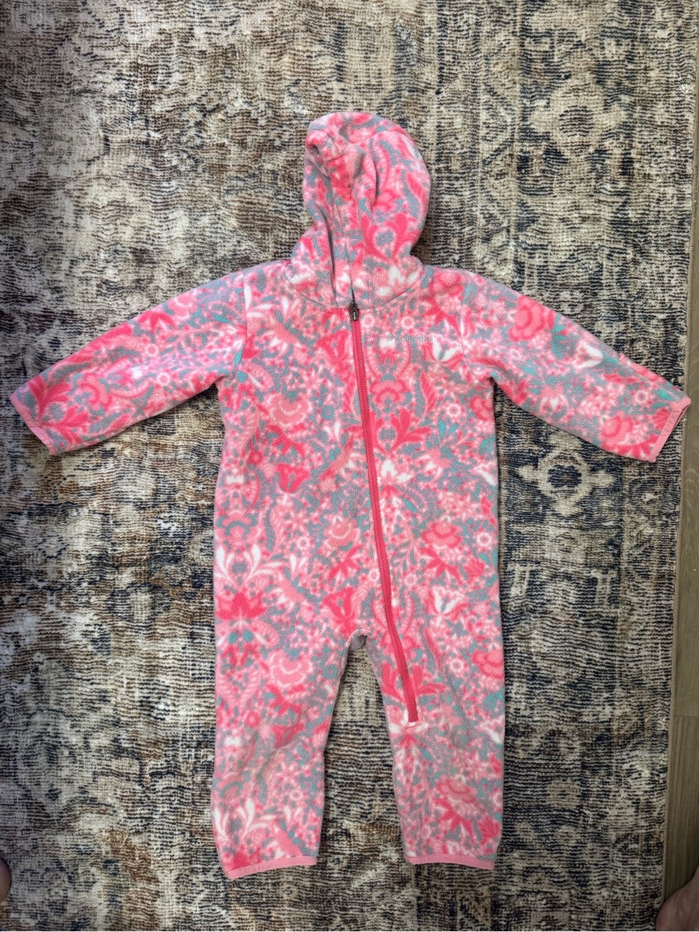 Columbia Pink and Gray Hooded Fleece One-Piece Bunting - 12-18 Months